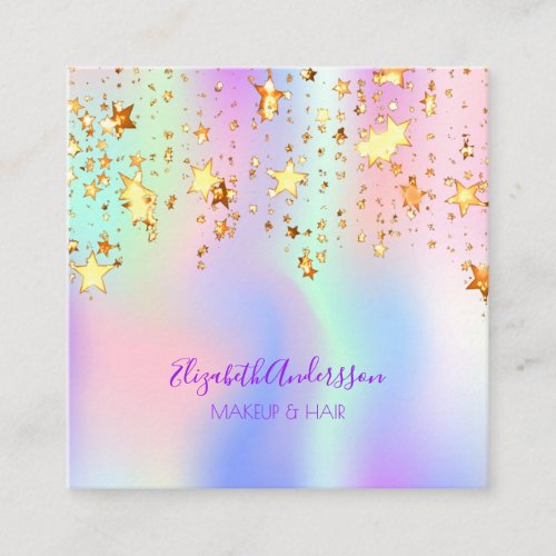Holograpic pink gold stars makeup hair square business card