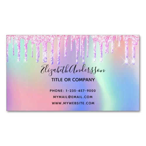 Holograpic unicorn glitter drip glam makeup hair business card magnet