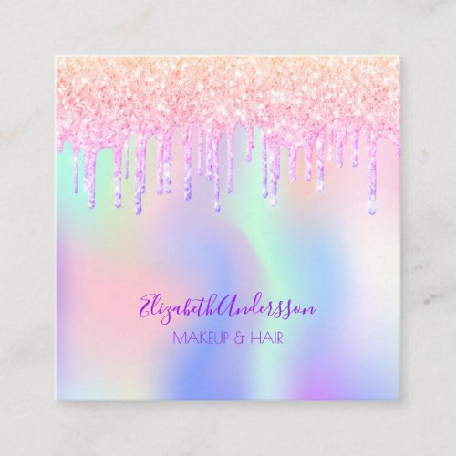 Holograpic unicorn glitter drip glam makeup hair square business card