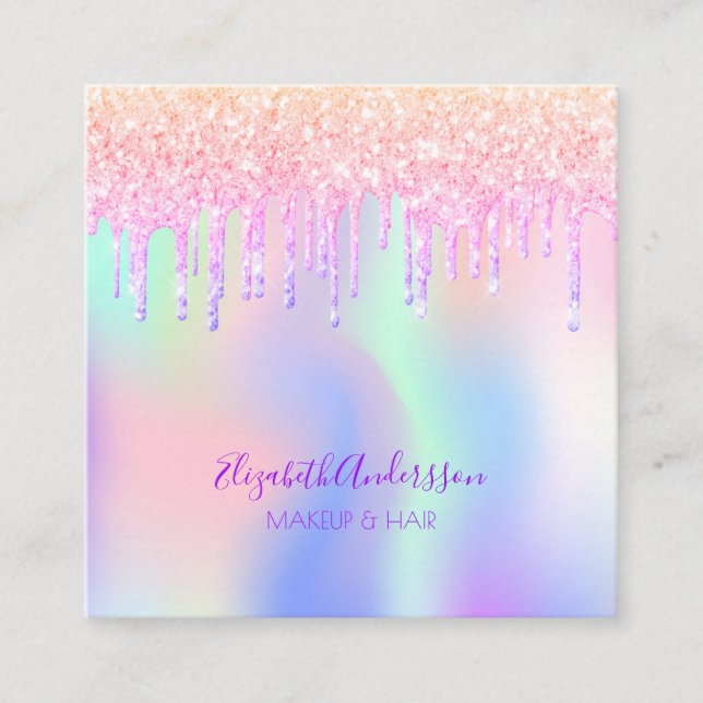 Holograpic unicorn glitter drip glam makeup hair square business card (Front)