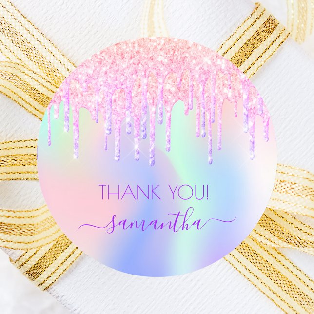 Holograpic unicorn glitter drip thank you birthday classic round sticker (Creator Uploaded)