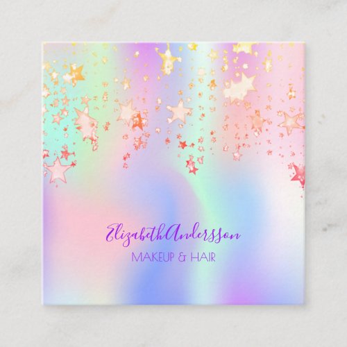 Holograpic unicorn pink glam stars makeup hair square business card
