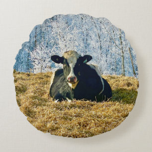 Holstein Calf on Frosty Alberta Morning Round Pillow