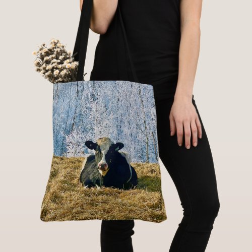Holstein Calf on Frosty Alberta Morning Tote Bag