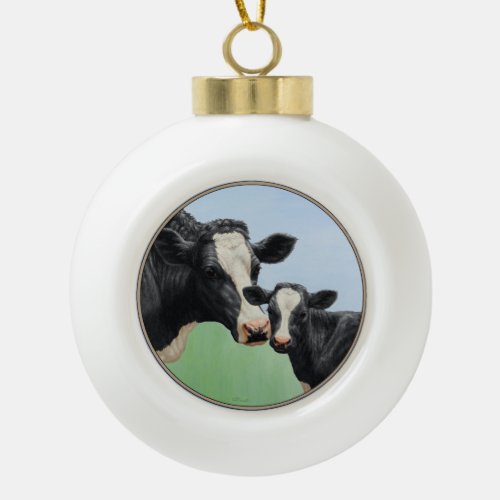 Holstein Cow and Calf Ceramic Ball Christmas Ornament