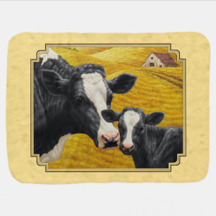 Holstein Cow and Calf Farm Yellow Baby Blanket