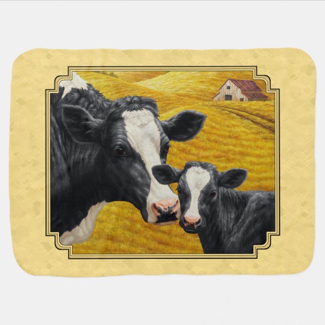 Holstein Cow and Calf Farm Yellow Baby Blanket (Horizontal)