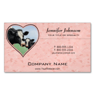Holstein Cow and Calf Pink Heart Magnetic Business Card