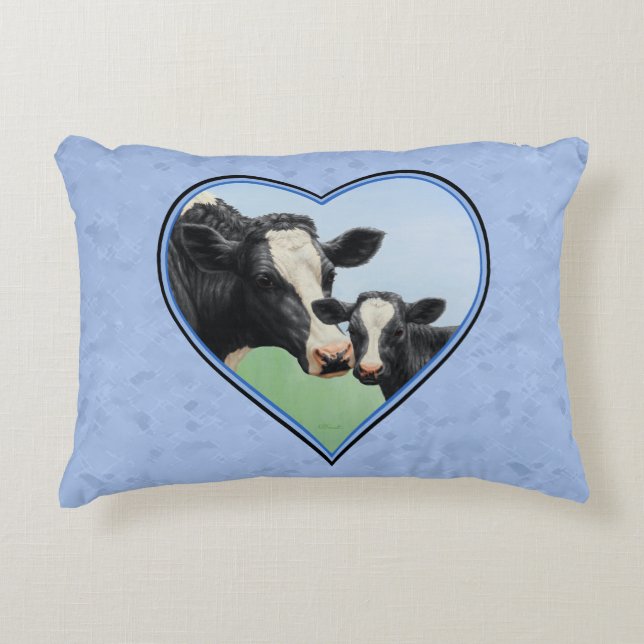 Holstein Cow and Cute Calf Blue Heart Accent Pillow (Front)