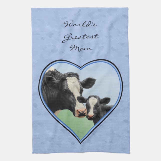 Holstein Cow and Cute Calf Blue Heart Towel (Vertical)