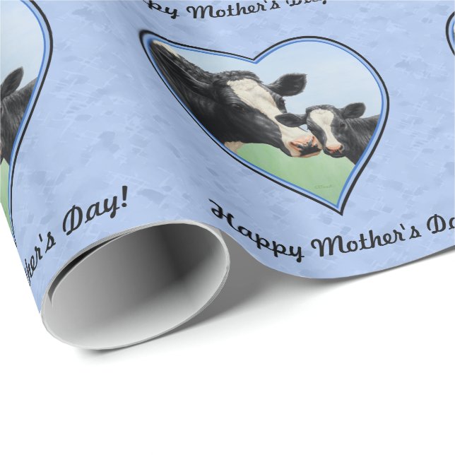 Holstein Cow and Cute Calf Blue Heart Wrapping Paper (Roll Corner)