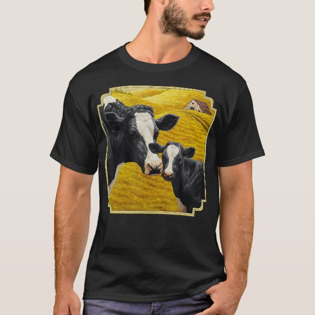 Holstein Cow and Cute Calf Cattle Farmer Art  T-Shirt (Front)