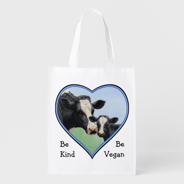 Holstein Cow & Calf Blue Heart Vegan Grocery Bag (Front)
