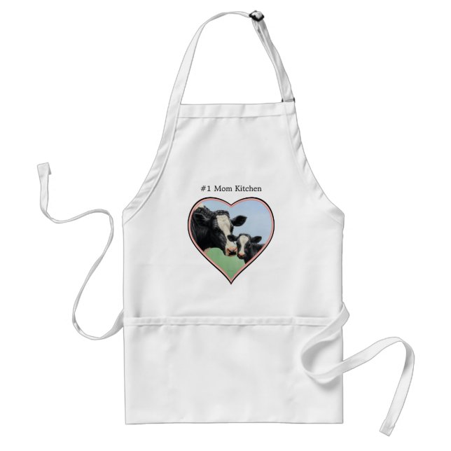 Holstein Cow & Calf Pink Border Heart Adult Apron (Front)