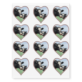 Holstein Cow & Calf Pink Border Heart Temporary Tattoos