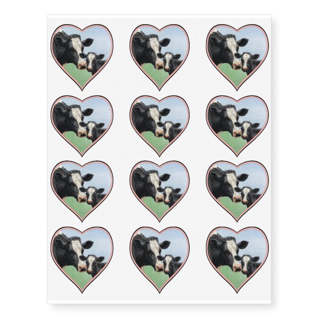 Holstein Cow & Calf Pink Border Heart Temporary Tattoos (Front)