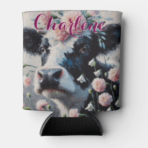Holstein Cow Carnations Farmhouse Personalized Can Cooler
