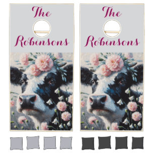 Holstein Cow Carnations Farmhouse Personalized Cornhole Set
