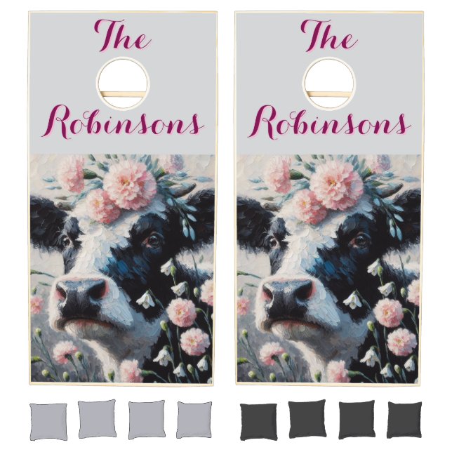 Holstein Cow Carnations Farmhouse Personalized Cornhole Set (Set)