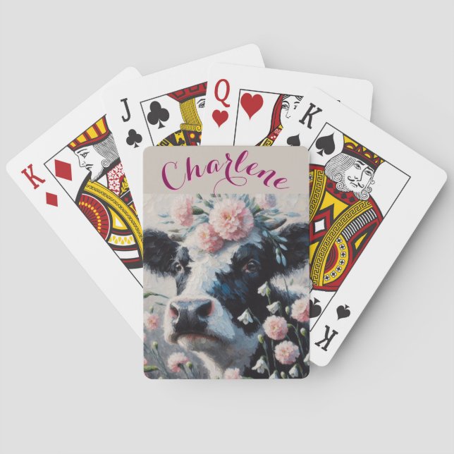 Holstein Cow Carnations Farmhouse Personalized Poker Cards (Back)