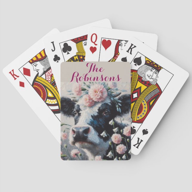Holstein Cow Carnations Farmhouse Personalized Poker Cards (Back)