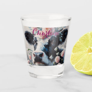 Holstein Cow Carnations Farmhouse Personalized Shot Glass