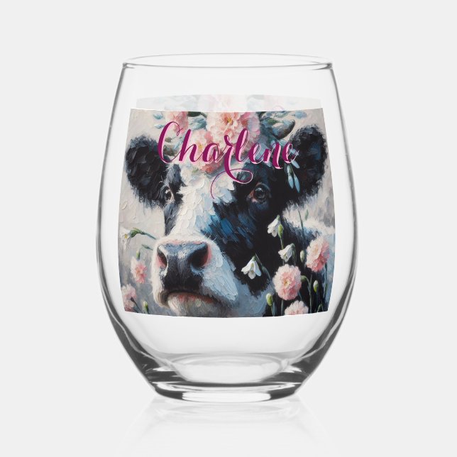 Holstein Cow Carnations Farmhouse Personalized Stemless Wine Glass (Front)