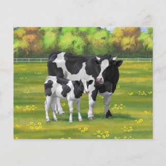 Holstein Cow & Cute Calf in Summer Pasture