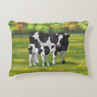 Holstein Cow & Cute Calf in Summer Pasture Accent Pillow