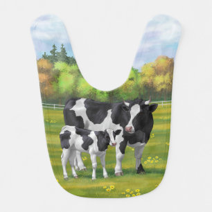 Holstein Cow & Cute Calf in Summer Pasture Baby Bib