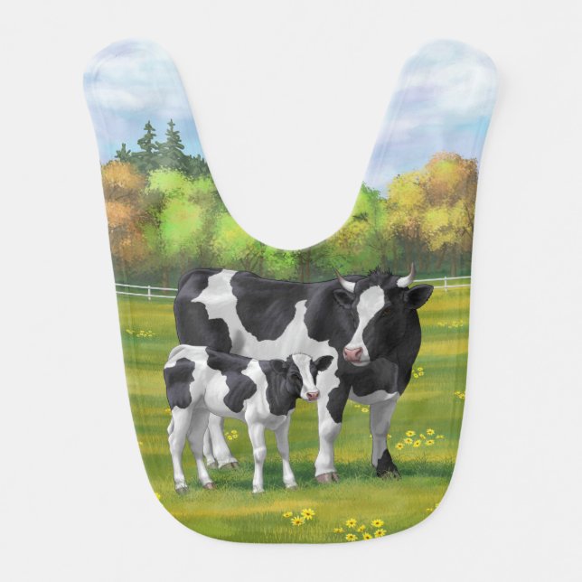 Holstein Cow & Cute Calf in Summer Pasture Baby Bib (Front)