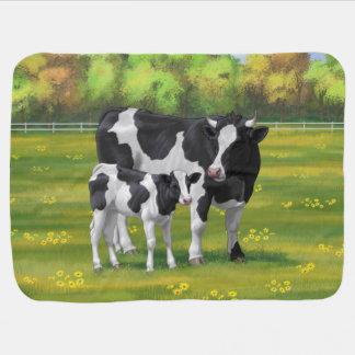 Holstein Cow & Cute Calf in Summer Pasture Baby Blanket