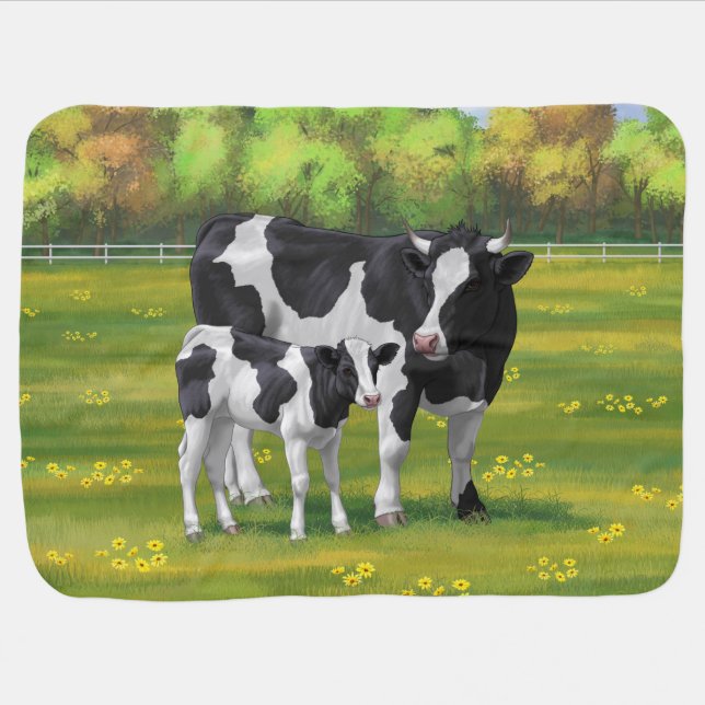 Holstein Cow & Cute Calf in Summer Pasture Baby Blanket (Horizontal)