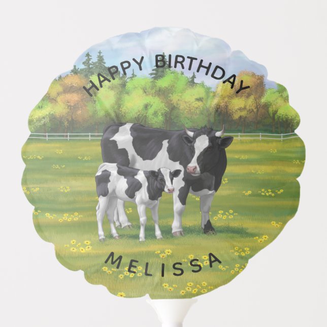 Holstein Cow & Cute Calf in Summer Pasture Balloon (Front)