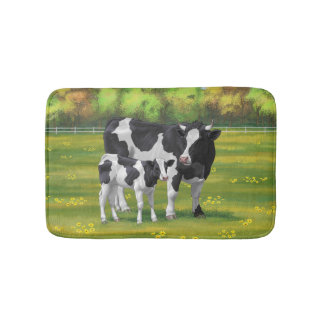 Holstein Cow & Cute Calf in Summer Pasture Bath Mat