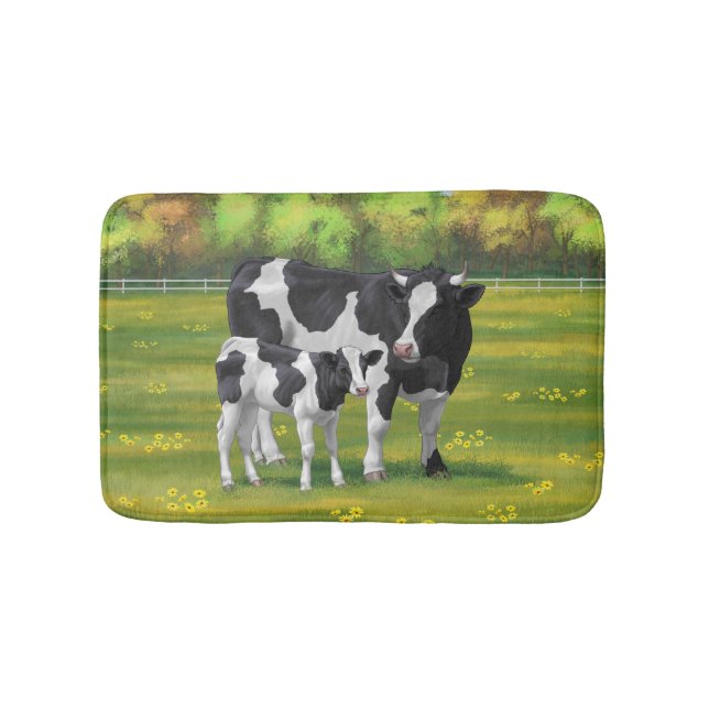 Holstein Cow & Cute Calf in Summer Pasture Bath Mat (Front)