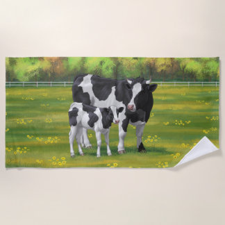 Holstein Cow & Cute Calf in Summer Pasture Beach Towel