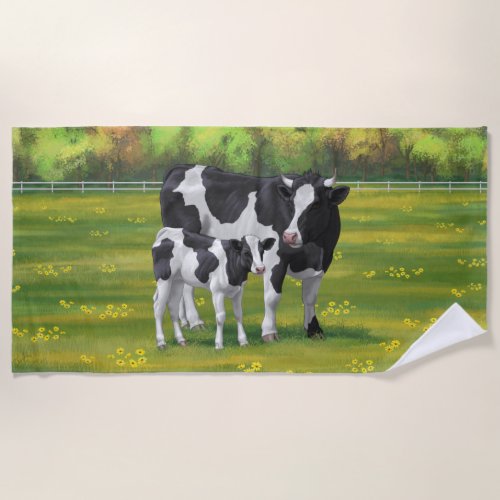 Holstein Cow  Cute Calf in Summer Pasture Beach Towel