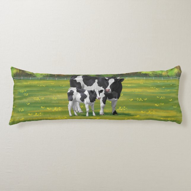Holstein Cow & Cute Calf in Summer Pasture Body Pillow (Front)