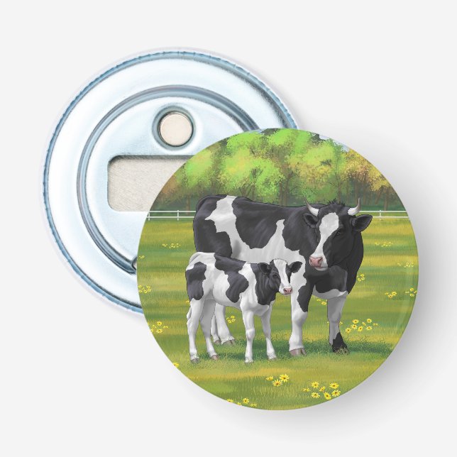 Holstein Cow & Cute Calf in Summer Pasture Bottle Opener (Front)