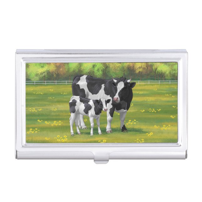 Holstein Cow & Cute Calf in Summer Pasture Business Card Case (Front)