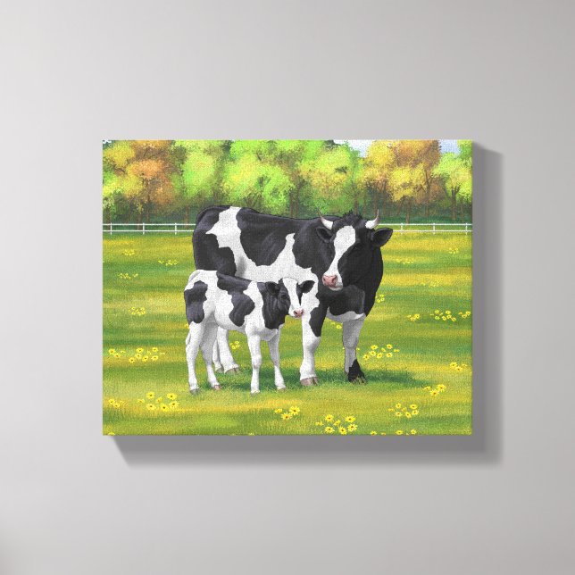 Holstein Cow & Cute Calf in Summer Pasture Canvas Print (Front)