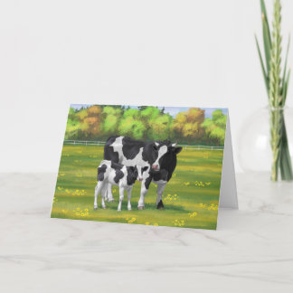 Holstein Cow & Cute Calf in Summer Pasture Card