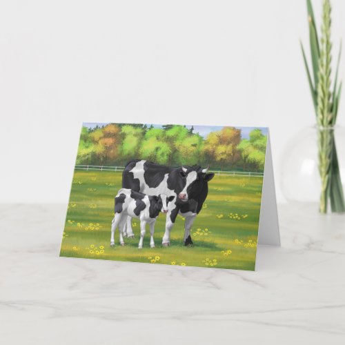 Holstein Cow  Cute Calf in Summer Pasture Card