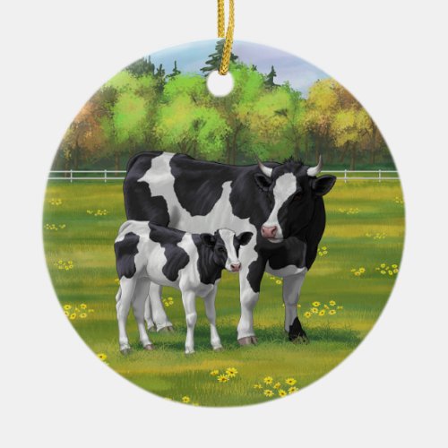 Holstein Cow  Cute Calf in Summer Pasture Ceramic Ornament