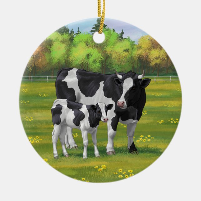 Holstein Cow & Cute Calf in Summer Pasture Ceramic Ornament (Front)