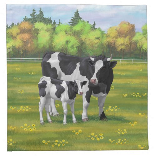 Holstein Cow  Cute Calf in Summer Pasture Cloth Napkin
