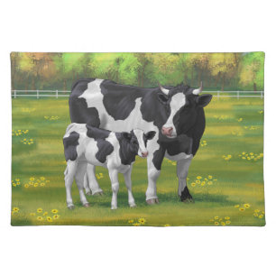 Holstein Cow & Cute Calf in Summer Pasture Cloth Placemat