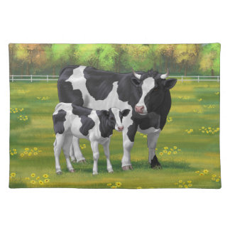 Holstein Cow & Cute Calf in Summer Pasture Cloth Placemat