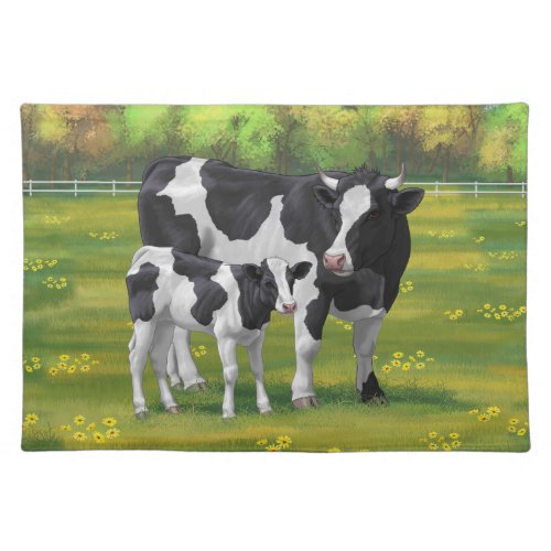 Holstein Cow  Cute Calf in Summer Pasture Cloth Placemat